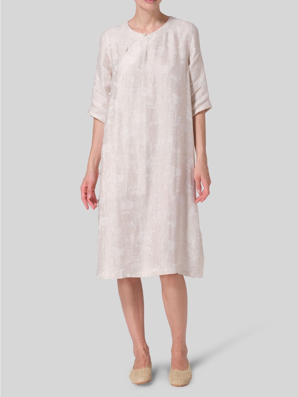 Relaxed Cream Midi Linen Dress with Elbow Sleeves